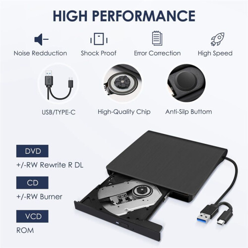 External CD DVD +/-RW Drive, USB 3.0 & USB-C Portable CD & DVD ROM ...