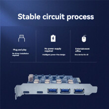 Concentrador de Tarjetas PCIE USB 3.2 Gen1 Tipo C de 5 Gbps. Tarjeta de Expansión PCI-e X1 A 2 Puertos Tipo C + 3 Puertos USB-A. Tarjeta Elevadora