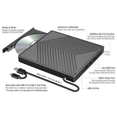External CD/DVD Drive, Portable USB 3.0 Type-C 7-in-1 DVD RW CD Writer Drive Burner Reader Player Optical Drives 2
