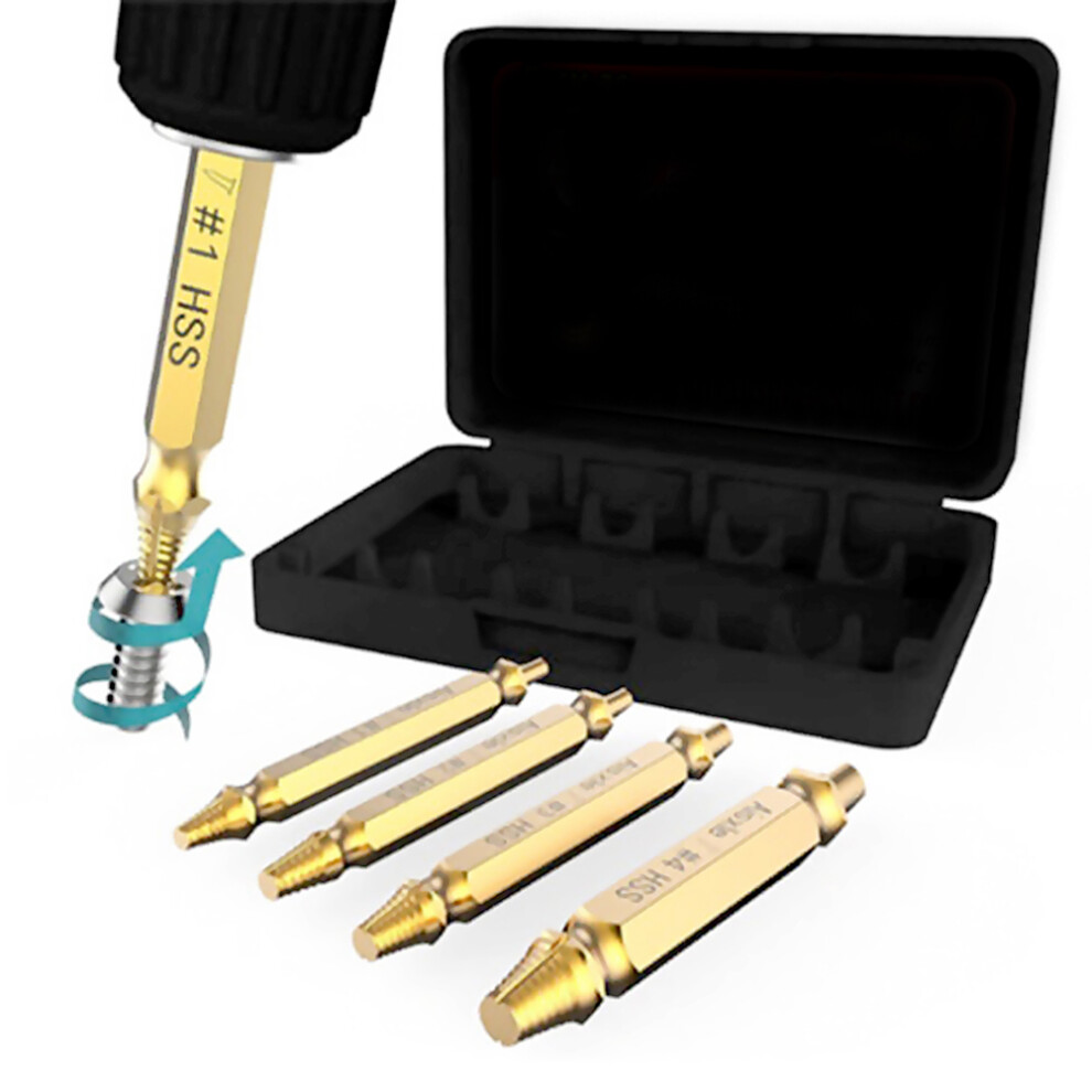 4Pcs Dual Head Screw Extractor Kit - Gold, Carbon Steel, Broken Bolt Remover 7661390201656