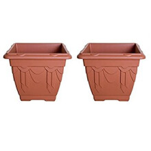 Set of 2 2 Terracotta Square Venetian Pot Decorative Plastic Garden Flower Planter 30cm