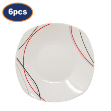 Soup Plate Porcelain 22cm Square Red Black Grey Lines Pasta Dish Tableware 6Pcs