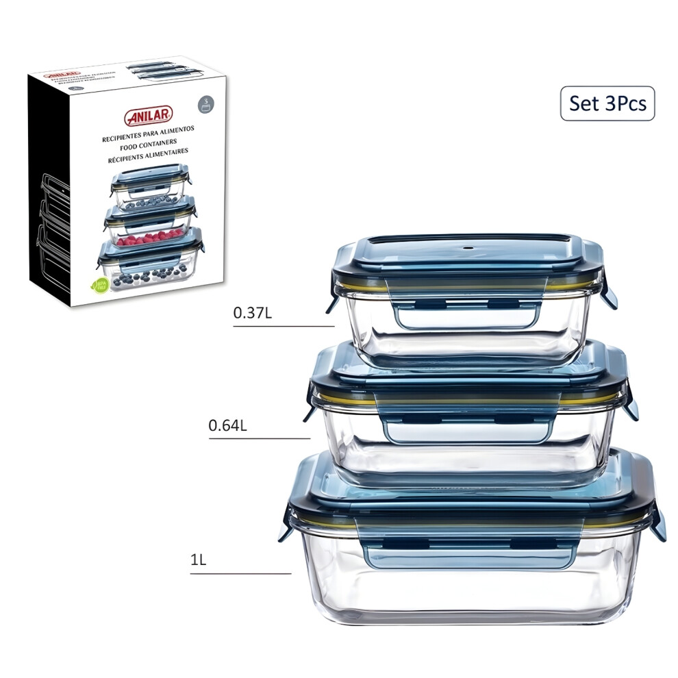 Anilar Food Storage Container Set Of 3 Glass With Airtight Snap Lid Microwave Safe