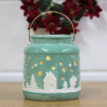 Porcelain Lantern Christmas Sage Tealight Holder w/ Handle Large Home Decor 15cm