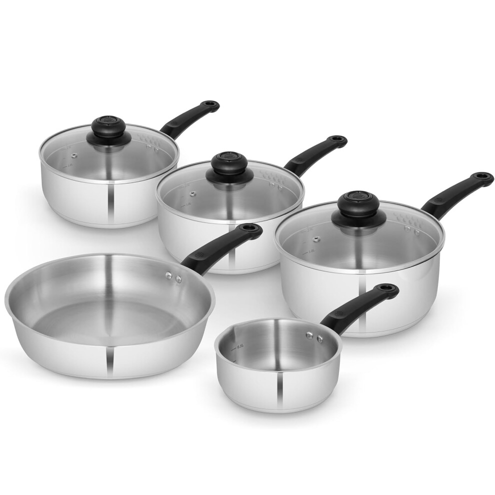 Swan Cookware Set Townhouse Saucepan Frying Pan Glass Lid Stainless Steel 5Pcs