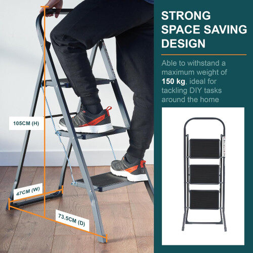 Ladder 3-Tread Step Rubber Non-Slip Lightweight Sturdy Alloy Frame 150kg Max 2