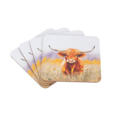 Coaster Set of 4 Highland Cow Design Square MDF Cork Anti-Slip Mat Tableware
