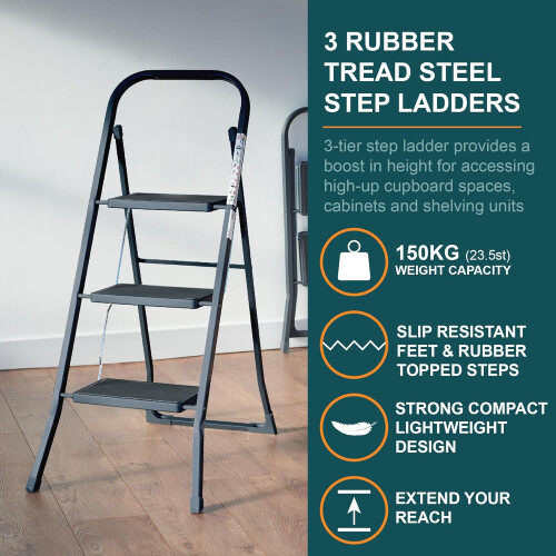 Ladder 3-Tread Step Rubber Non-Slip Lightweight Sturdy Alloy Frame 150kg Max 1