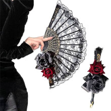 Ventaglio Portatile di Halloween Nero In Pizzo Rosa, Ventaglio Pieghevole Vintage con Fiori Retrò per Decorazioni di Oggetti di Scena da Donna