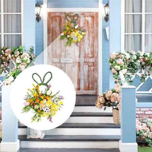 Spring Easter Bunny Wreath Artificial Flower RabbitWreath with Eggs Rattan Spring Front Door Garland Rustic Handmade