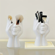 Makeup Brush Holder Pencil Holder Human Art, Desktop Mounted Makeup Brush Storage Box, Decorative Resin White