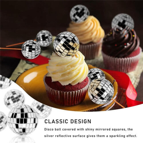 24 PCS Disco  Cupcake Toppers Disco  Cupcake Picks Reflective Mirror  Cake Toppers Disco Decorations Silver 2