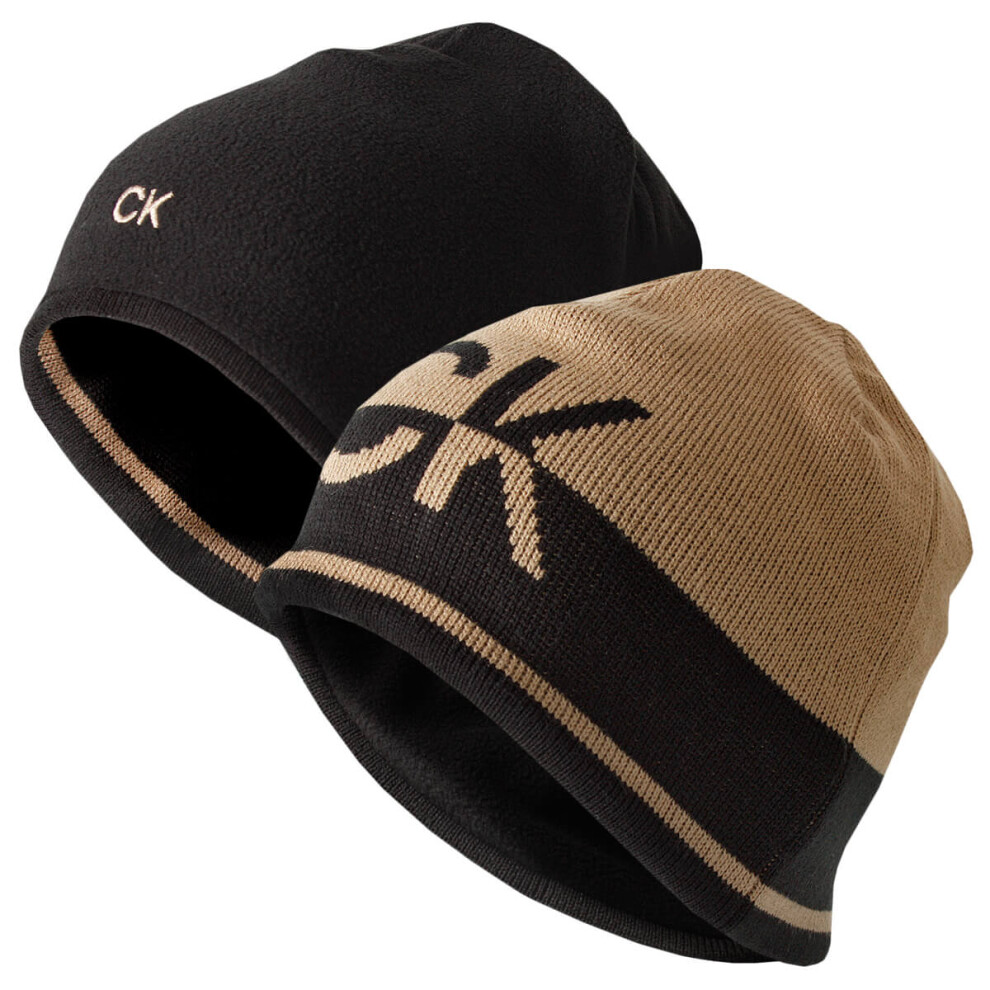 Calvin Klein (One Size, Tan/Black) Mens 2026 Ck Logo Reverisible Striped Knit Beanie Hat