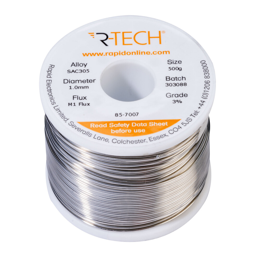 R-Tech 857007 Sac305 Solder 3% M1 Flux 0.5-2% Halide 1.0Mm 500G Reel 5053556008629
