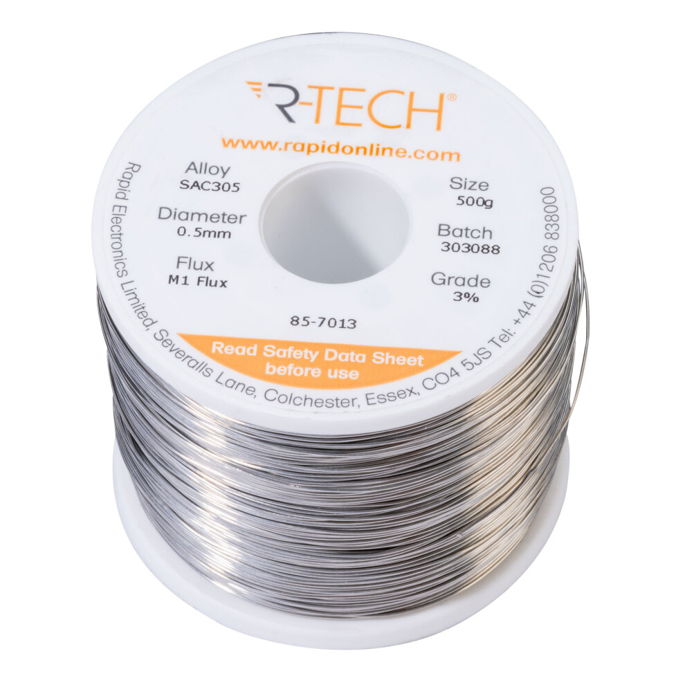 R-Tech 857013 Sac305 Solder 3% M1 Flux 0.5-2% Halide 0.5Mm 500G Reel 5053556008650