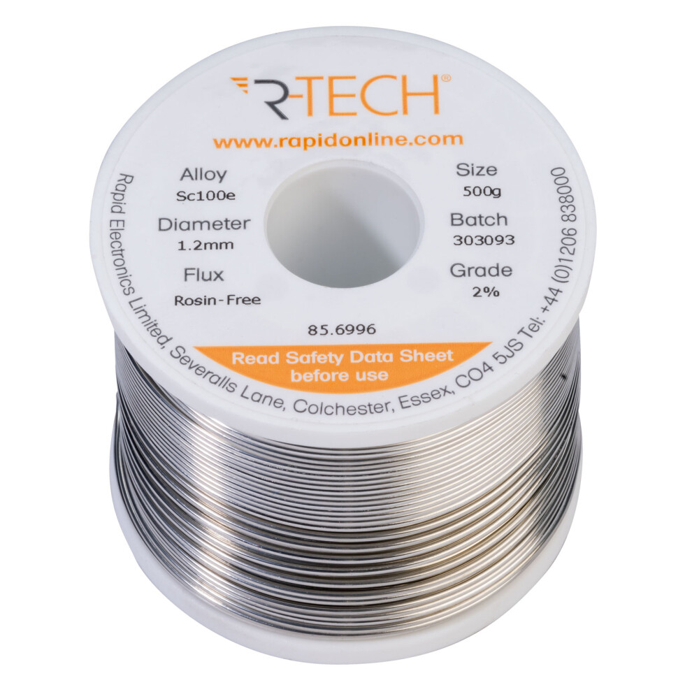 R-Tech 856996 Sc100e Solder 2% Rosin-Free Hf Flux Halide-Free 1.2Mm 500G Reel 5053556008223