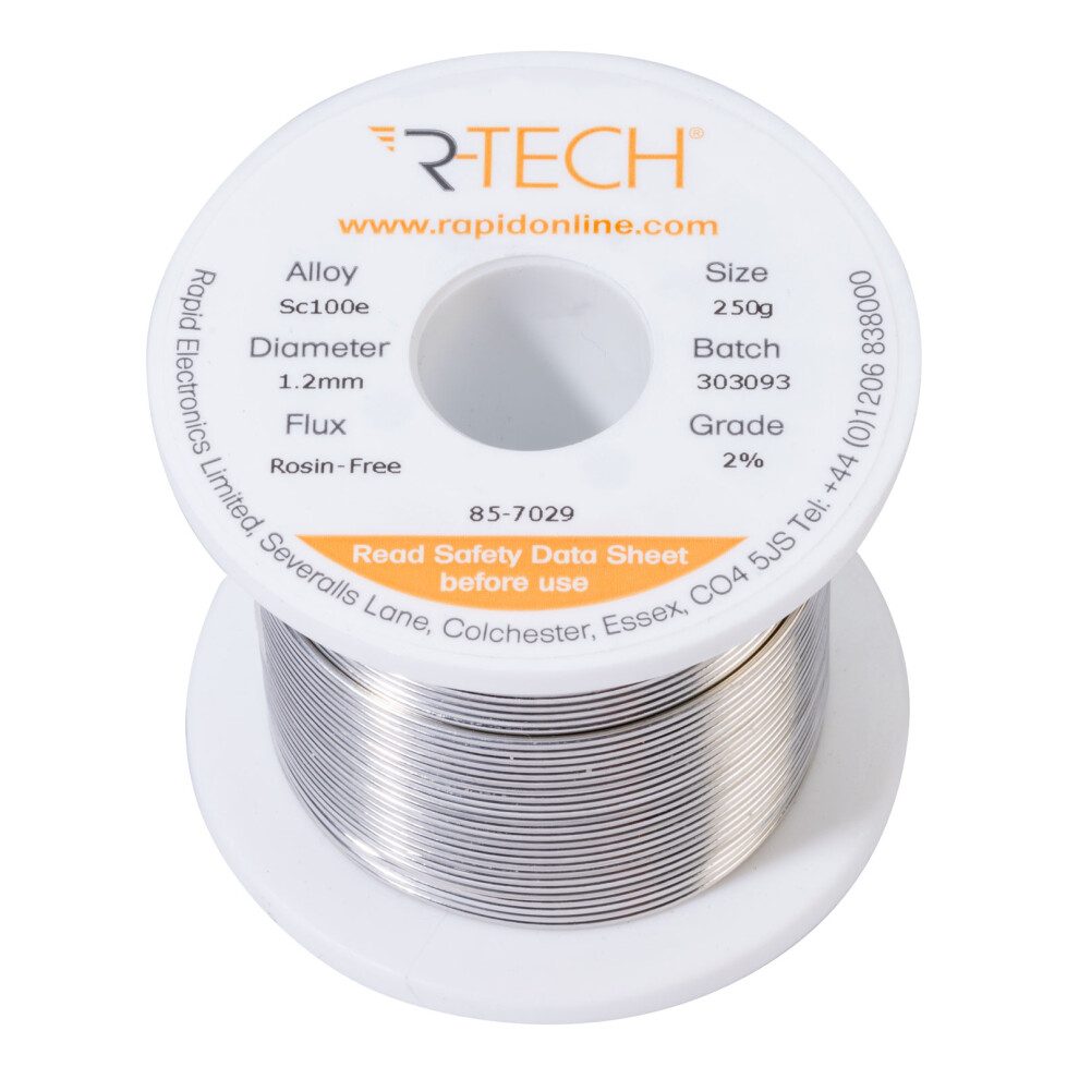 R-Tech 857029 Sc100e Solder 2% Rosin-Free Hf Flux Halide-Free 1.2Mm 250G Reel 5053556008810