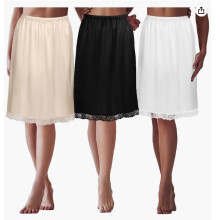 (S, Black) Womens Half Slips Underskirt Elastic High Waist Solid Color Satin Long Underskirt Lace Hem Skirt Extender