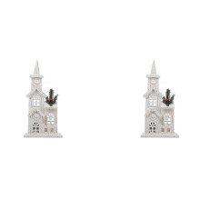 2X Pueblo de Madera de Navidad Navidad LED Iglesia Luz Casa Escena de Nieve Decoraciones de Navidad para Adorno de Escritorio de Navidad