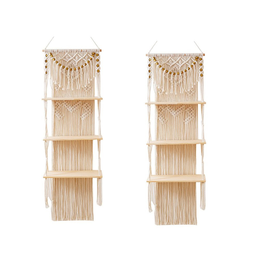 Unisex 2X Macrame Wall Hanging 3-Tier Floating Wall Shelves For Bedroom,Nursery, Boho Wall Decor Shelves For Plant Pot