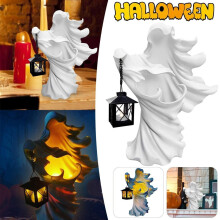 Geister-Halloween-Hexe-Ornament mit Laterne, Energiesparende Harzstatue für Gartenhof-Dekor, Weiß