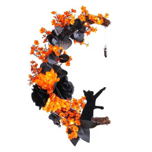 Halloween Moon Door Wreath Light- Cat Garland with Black Rose&Yellow Flowers for Front Door Favor
