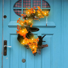 Halloween Moon Door Wreath Light- Cat Garland with Black Rose&Yellow Flowers for Front Door Favor