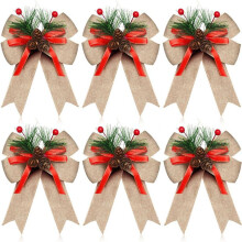 12PCS Christmas Burlap Bow with Pine Cones Pine Needles Xmas Checkered Ribbon Bow Christmas Tree Decoration Bows