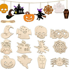24 Peças de Enfeites de Madeira Recortados para Halloween, 12 Estilos, Enfeites Artesanais de Madeira Inacabados, Etiquetas Penduradas em Formas de