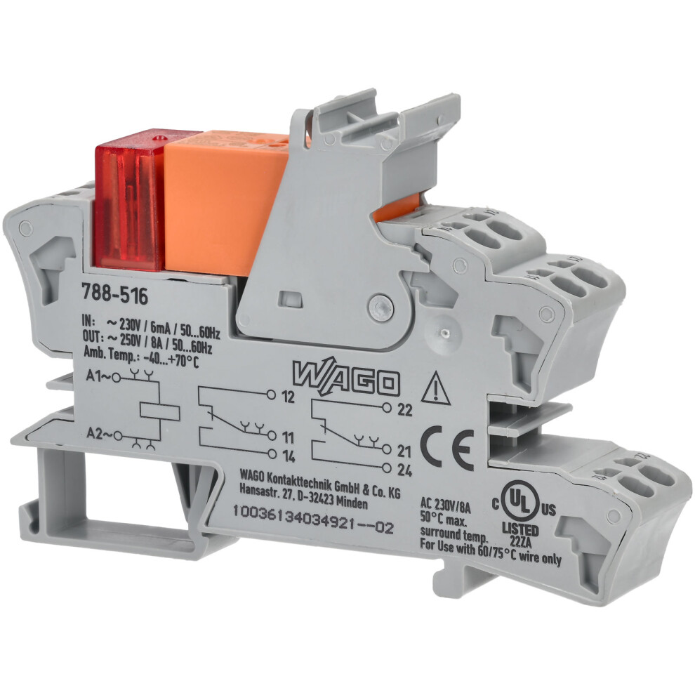 Wago 788-516 230Vac 8A Dpdt-Co Din Rail Mountable Relay Module Red 4055143192378