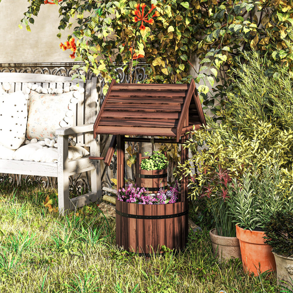 Outsunny Wooden Wishing Well Planter, Flower Planter With Drainage Hole