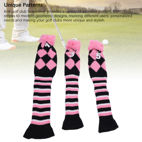 3er-Set gestrickte Golfschlägerabdeckungen Pompon Pink/Schwarz 2