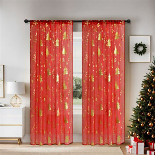 2 Cortinas Transparentes de Natal com Estampa de Flocos de Neve para Janela para Sala de Estar 52 Polegadas de Largura X 83,9 Polegadas de Comprimento 2