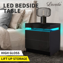 Levede High Gloss RGB LED Bedside Table 2-Drawer