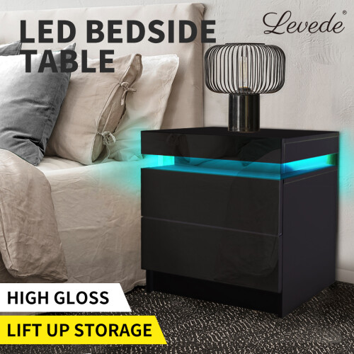 Levede High Gloss RGB LED Bedside Table 2-Drawer
