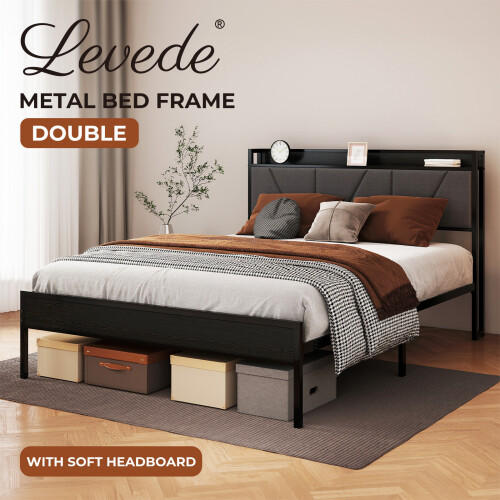 Levede Double Linen Bed Frame LED Charging Storage