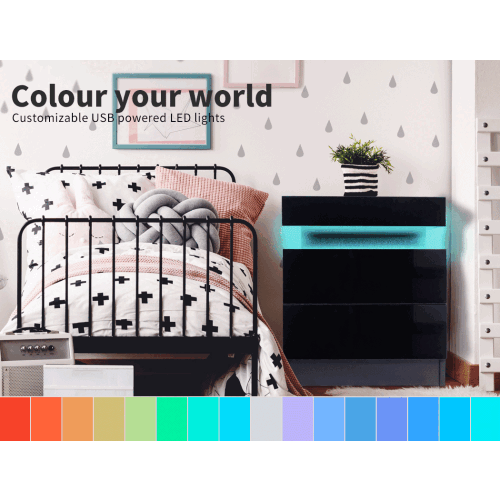 Levede High Gloss RGB LED Bedside Table 2-Drawer 2