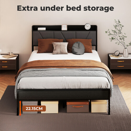 Levede Double Linen Bed Frame LED Charging Storage 1