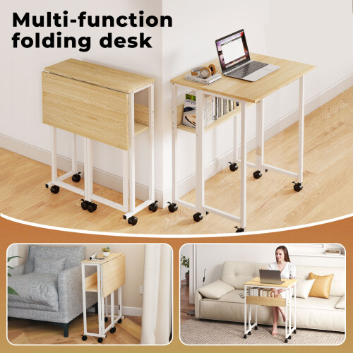 Levede Folding Desk Mobile w/Shelf Oak/White 1