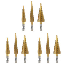 9 Stueck High-Speed-Stahl-Schritt Bohrer Set Elektrowerkzeuge Kegel Titan Beschichtet Metall Lochschneider 1/4 Zoll Sechskantschaft Antrieb Quick