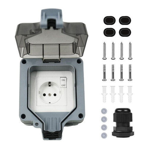 Outdoor Socket Waterproof Socket 1-Way Outdoor Socket IP66 with  Indicator Light and Hinged Lid Lockable EU Plug