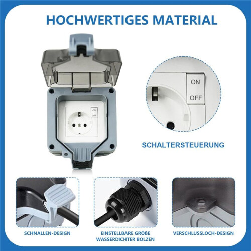Outdoor Socket Waterproof Socket 1-Way Outdoor Socket IP66 with  Indicator Light and Hinged Lid Lockable EU Plug 1