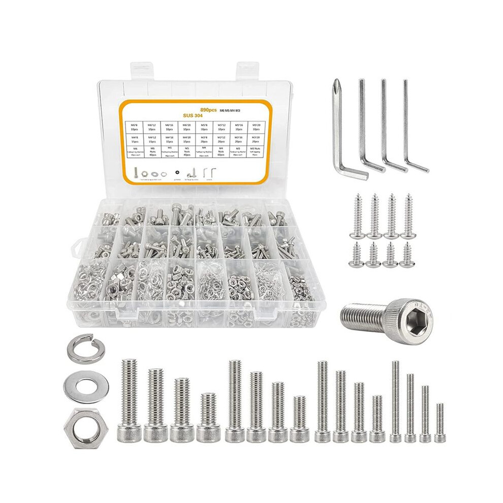 890Pcs M3-M6 Screw Assortment, Bolts And Nuts Kit, Socket Cap Screws Hex Screws Assortment Set 6033169605575