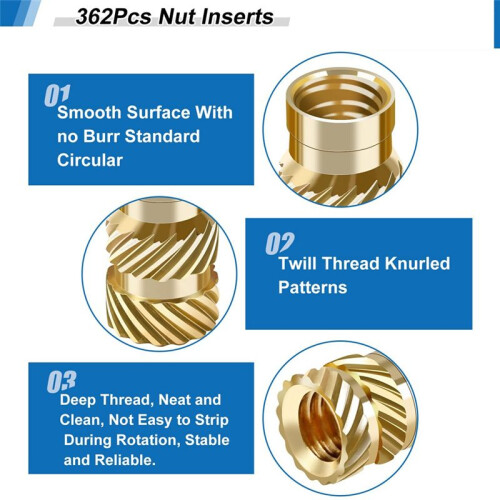 362Pcs Nut Inserts, M2/M3/M4/M5/M6 Threaded Inserts, Heat Set Insert Tool, Female Thread Knurled Heat Embedment Nut 2