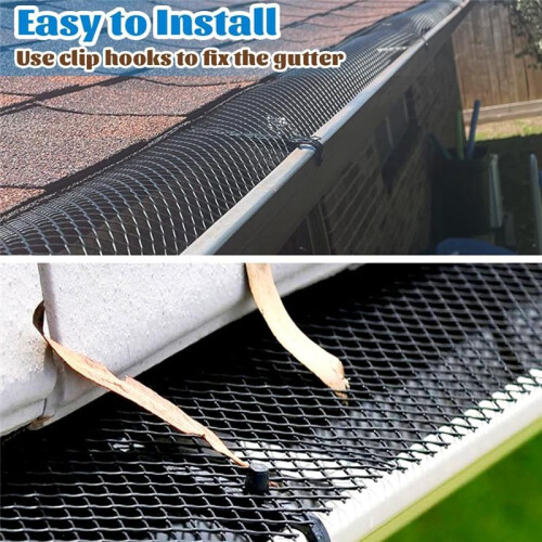 4Pack Gutter Guard Mesh Rolls, 20 Feet Gutter Leaf Guards with 40 Clip Hooks, DIY Rain Gutter Covers Preventing Leaves 2