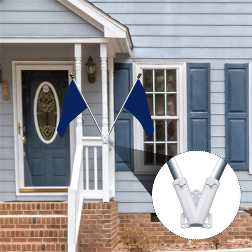 Double FlagPole Bracket Holder, V Shape Aluminum Alloy Flagpole Wall Mount Bracket Windproof Flag Bracket Mounting