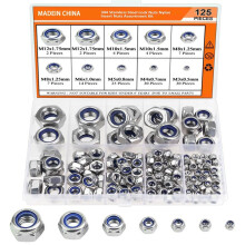 125 St Nylon Hex Låsmutter Set 304 Rostfri Stål Låsmutter M3 M 4 M5 M6 M8 M10 M12 Sexkantig Själv Nylon Låsmutter