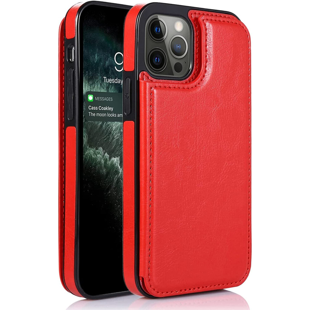 Leather Wallet Case For Iphone 14 Pro With Kickstand, Magnetic Flip Shockproof Slim Card Holder, Red 9092120804317