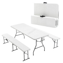 Folding Table & 2 Benches Set Foldable 3 PCS For Picnic Garden Camping BBQ White