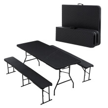 Folding Table & 2 Benches Set Foldable 3 PCS For Picnic Garden Camping BBQ Black